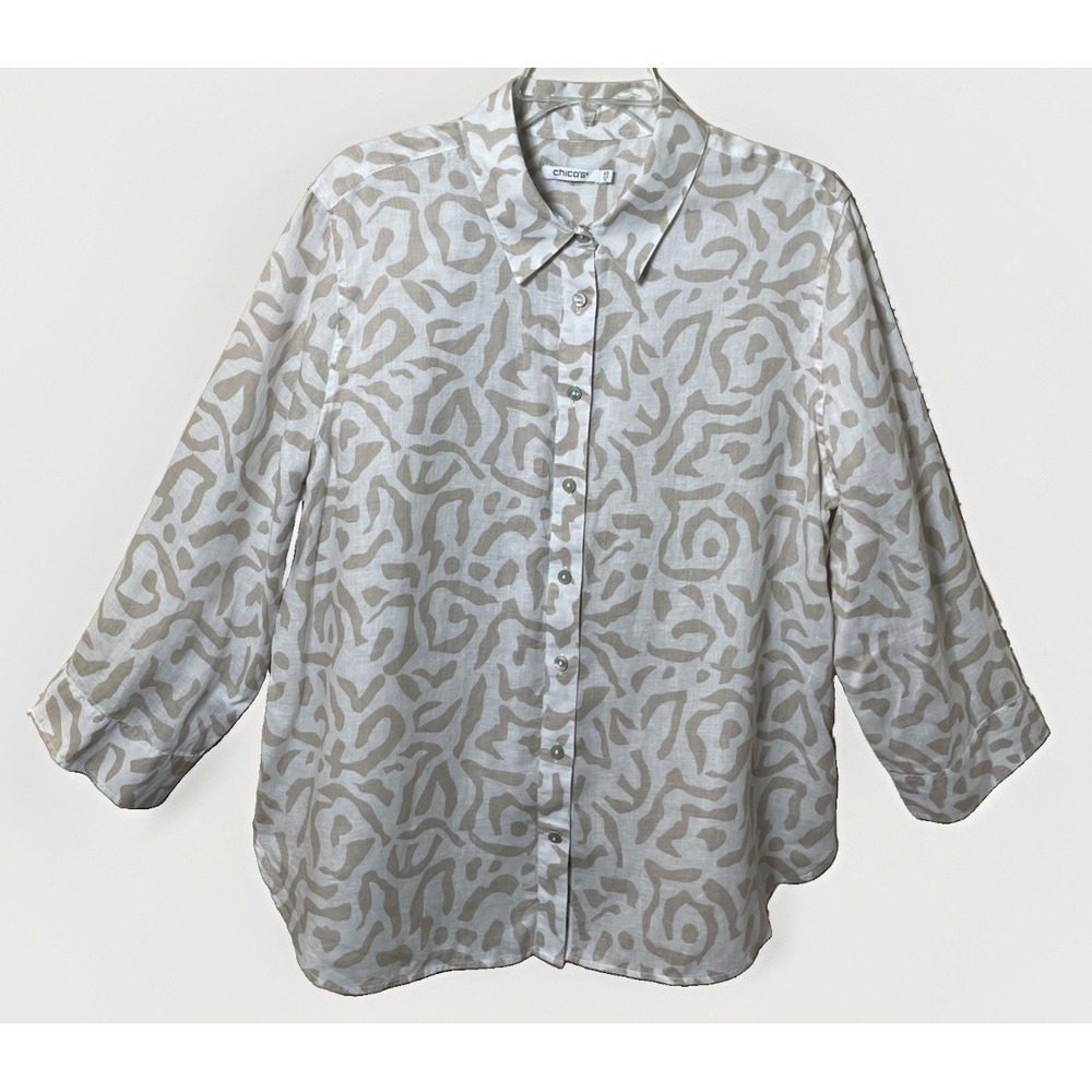 Chicos 100% Linen 3/4 Sleeve Button Down Tunic Shirt Women's Size Large 2.5